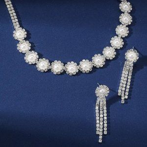 White Rhinestone and Pearl Necklace & Earrings Set